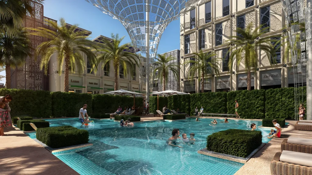 Luxury residential community swimming pool and lifestyle amenities in a modern Dubai property development.