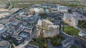Aerial masterplan view of Expo City Dubai featuring Al Wasl Plaza and surrounding residential and commercial developments.