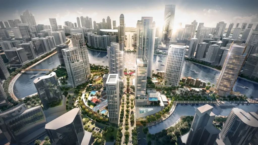 Modern waterfront residential district in Dubai featuring high-rise towers and canals.