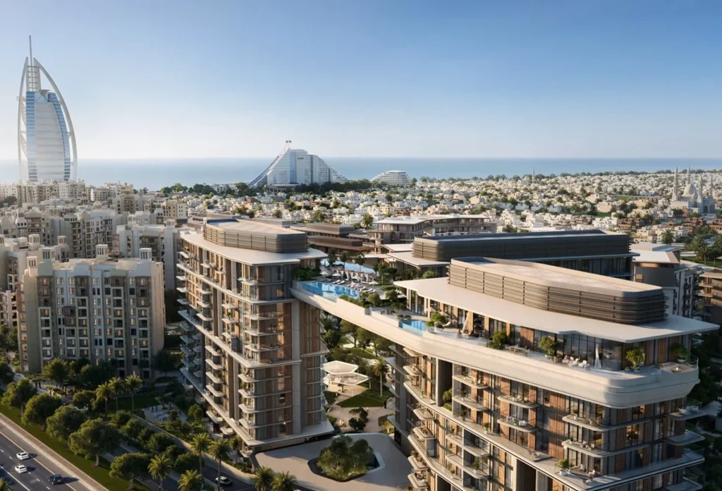 Luxury residential community at Madinat Jumeirah Living with Burj Al Arab visible in the background.
