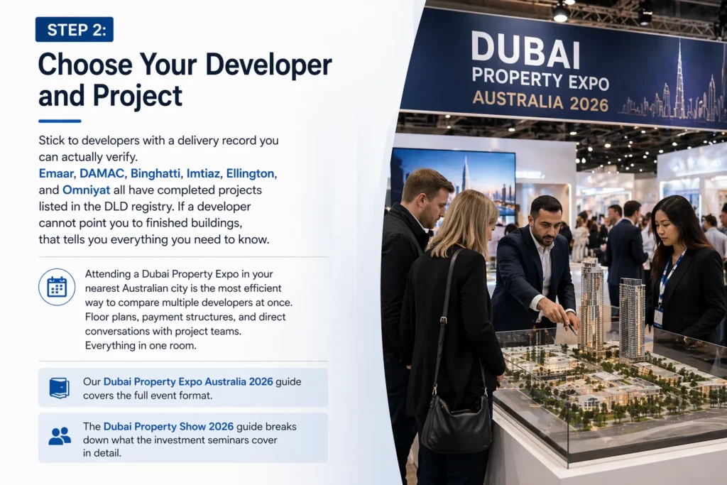 Step 2 Choose Your Developer and Projects 
show case different opportuniteis for can australians buy property in dubai