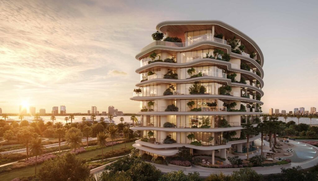 Modern mid-rise residential building in Dubai with landscaped streets and palm trees.